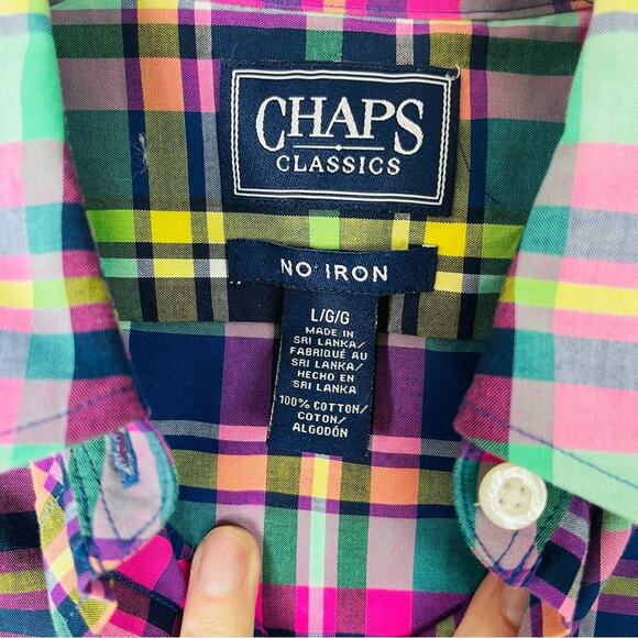 Chaps pink blue green plaid preppy coastal button front top large - Picture 5 of 6